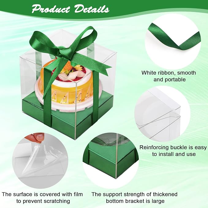 12 PCS Clear Cupcake Boxes 3.5 Inch Cupcake Containers (Green) | Disposable Cupcake Carrier Plastic Individual Cupcake Storage Holder with Ribbons and Inserts for Wedding, Birthday Party