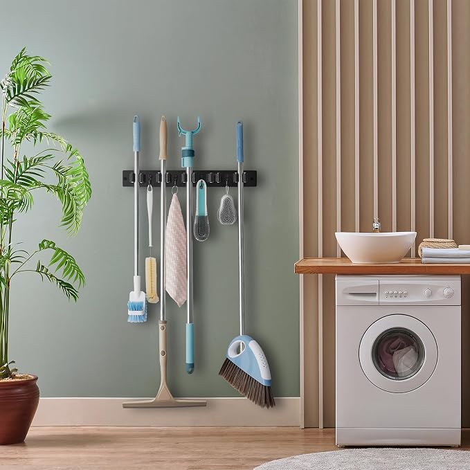 OUTNILI Mop and Broom Holder Wall Mount - Black Broom Mop Hanger - Wall Mounted Garden Tool Rack Organizer for Closet Garage Laundry Room Kitchen Decor With 5 Slots & 4 Hooks