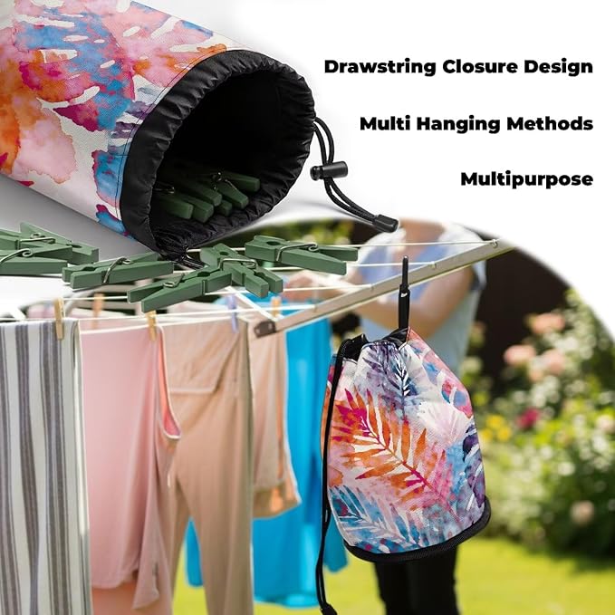 Tropical Leaf Clothespin Bag Holder Outside, Hanging Clothes Pin Bag with Drawstring Closure, Large-Capacity Clothespin Storage Organizer with Hooks