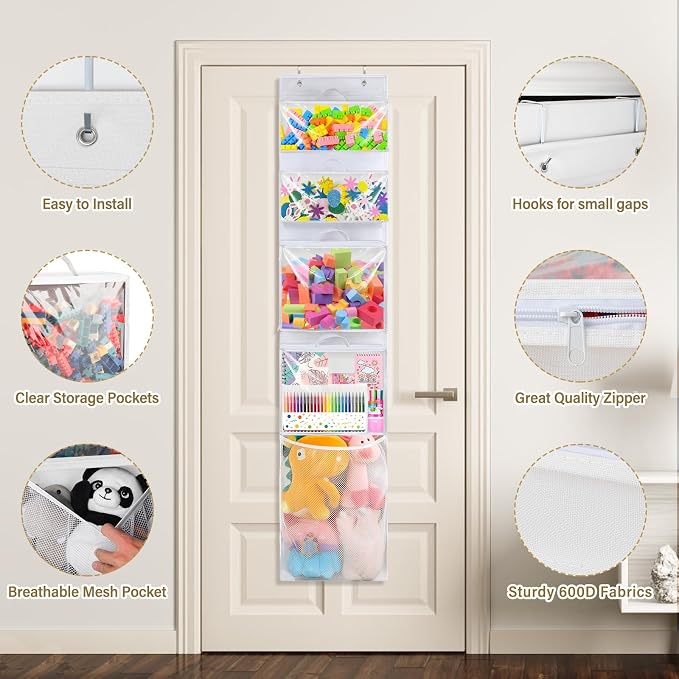 Over Door Toy Organizer, Hanging Stuffed Animal Storage with Removable Bags | White Toy Storage Case Behind Door for Block, Puzzle, Bi-Fold Closet Holder Idea with Mesh Pocket, Kid Boy Girl Nursery Room