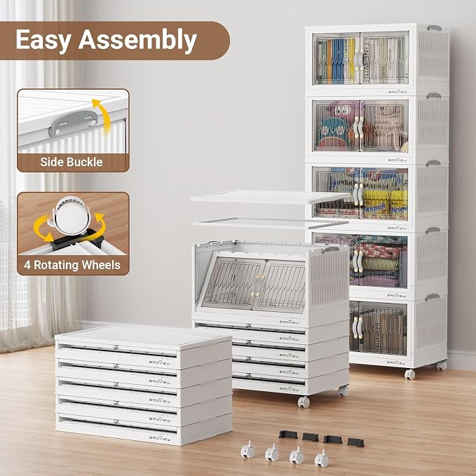 BROVIEW 240Qt Stackable Storage Bins with Lid for Home Dorm, 3Pack White | Closet Organizers, Foldable & Collapsible Cabinets, Large Containers, Wheels & Magnetic Doors, Plastic Drawers for School
