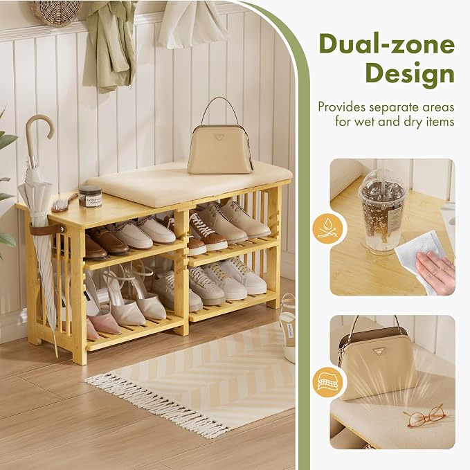 Amazer Bamboo Shoe Rack Bench, 3-Tier Shoe Bench Height Adjustable, Entry Bench with Side Storage Strap, Shoes Organizer Storage Bench, Shoe Shelf with Seat Cushion for Entryway, Living Room, Hallway