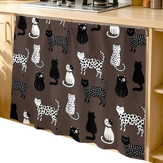 Cat Animal Cabinet Curtain 35"Wx35"L, Dustproof Under Sink Skirt with Self Adhesive Tape, Black White Earthy Tone Vintage Pet Cabinet Curtain Cover for Kitchen Sink, Bathroom Vanity, Laundry Room