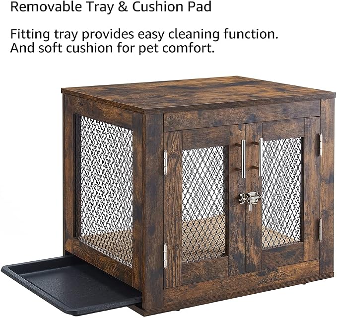 unipaws 23.5 Inch Small Dog Crate Furniture, Wooden Dog Kennel with Cushion | Indoor Wood Dog Cage with Tray and Dog Bed, Inside Side End Table Crate for Puppy, Cats, Min Pigs, Rabbit, Up to 25 lbs