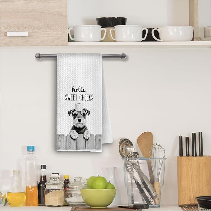 Farmhouse Funny Schnauzer Dog Hand Towels, Hello Sweet Cheeks Bathroom Decor, Schnauzer Lover Gifts Decorative Hand Towels for Bathroom Washroom Restroom, 16x24 Inch