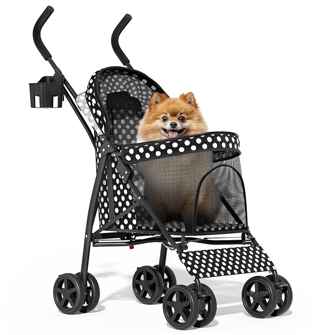 MoNiBloom Pet Stroller for Small/Medium Dogs and Cats, Black Polka Dots | Foladble 4 Wheels Easy-Fold Puppy Cage Jogger Stroller with Sun Cover, Pad and Rear Storage Bag, Breathable and Visible Mesh