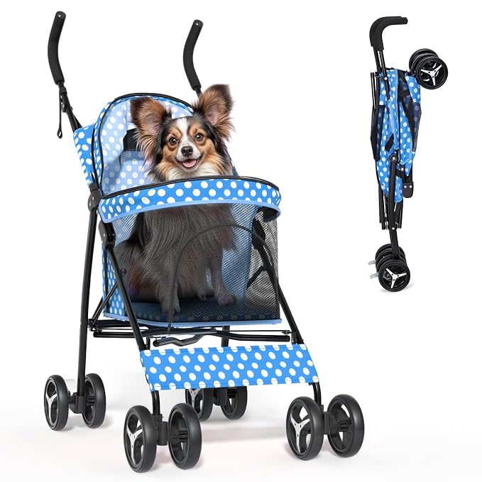 Magshion Compact Fold Pet Travel Stroller for Small Dogs Cats | Up to 22lbs, 4-Wheel Lightweight Umbrella Shaped Design, Safety Tethers, Breathable Mesh, Cup Holder & Rear Storage