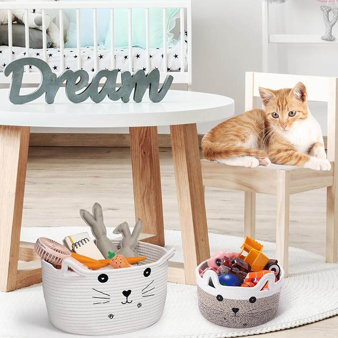 Zopeal Cat Storage Basket Woven Organizer with Ears Decorative Gift Cute Cotton Rope Pet Toy Basket for Gift Cat Dog Toy Bin Nursery Room(8.3 x 4.7 Inch,Gradient Khaki)