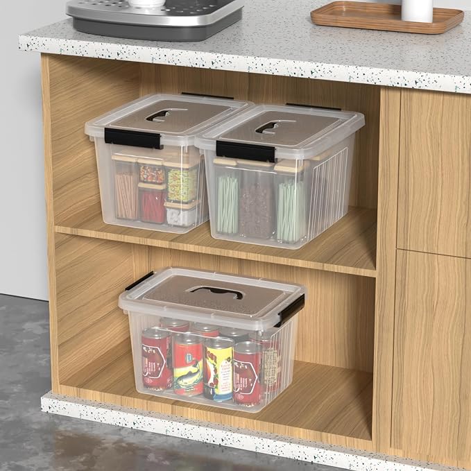 12 Quart Plastic Clear Storage Latching Bins with Lids, 6 Packs | Stackable Plastic Containers with Handles for Organization