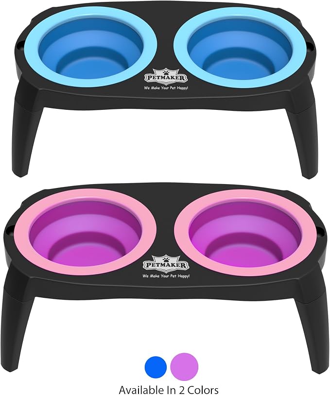 Elevated Cat and Dog Food Bowls with Non-Slip Stand - Removable and Collapsible Silicone Feeder for Food and Water - 16-Ounces Each by PETMAKER (Pink)