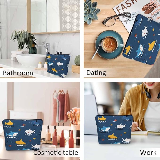 Shark Cosmetic Bags For Women, Cute Ocean Sea Wildlife Sharks Blue Roomy Makeup Bag Toiletry Bag Accessories Organizer Storage Bags Makeup Pouch For Travel Business Gym Camping Bathroom