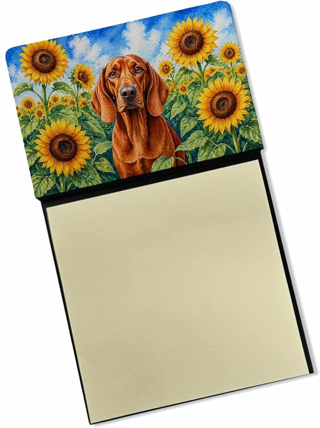 Caroline's Treasures Redbone Coonhound in Sunflowers Watercolor Sticky Note Holder Refillable Dispenser Desk Accessory 3x3 Pad Gift