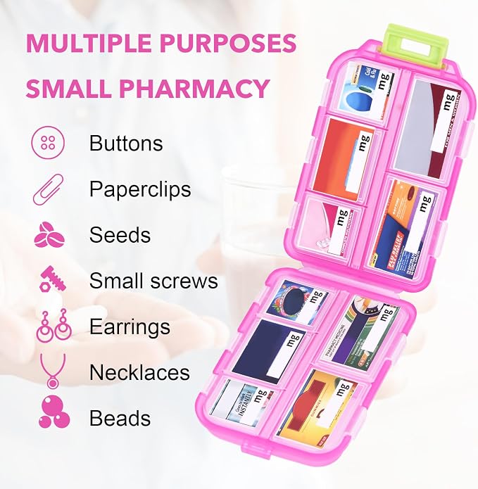 Travel Pill Box with 189 Medicine Labels, 10 Compartments Travel Medicine Organizer Medicine Pill Organizer Mini Travel Essentials Pill Organizer with Stickers (Pink, 1 Pack)