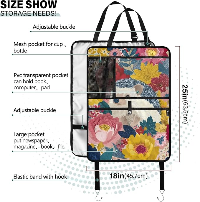2 Pack Back Seat Car Organizer with Storage Pockets Kick Mats Back Seat Protector Hanging Car Organizer Automotive Seat Back Cover Organizers Garden Flowers Hedgehogs Colorful