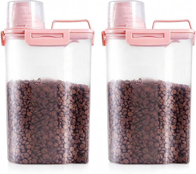 SenseYo 2 Pack 2.5lb Pet Food Storage Container with Measuring Cup, 3L Cat Food Storage Container Dog Food Storage BPA Free for Small Dog, Cat, Bird (Pink)