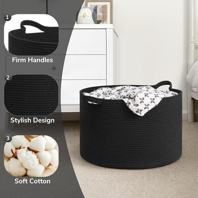 Goodpick Large Woven Dirty Clothes Basket for Nursery & Living Room, 65L | 19.7 x 19.7 x 12.6 In Storage Basket for Nursery, Blanket Basket for Towels Clothes,,Black