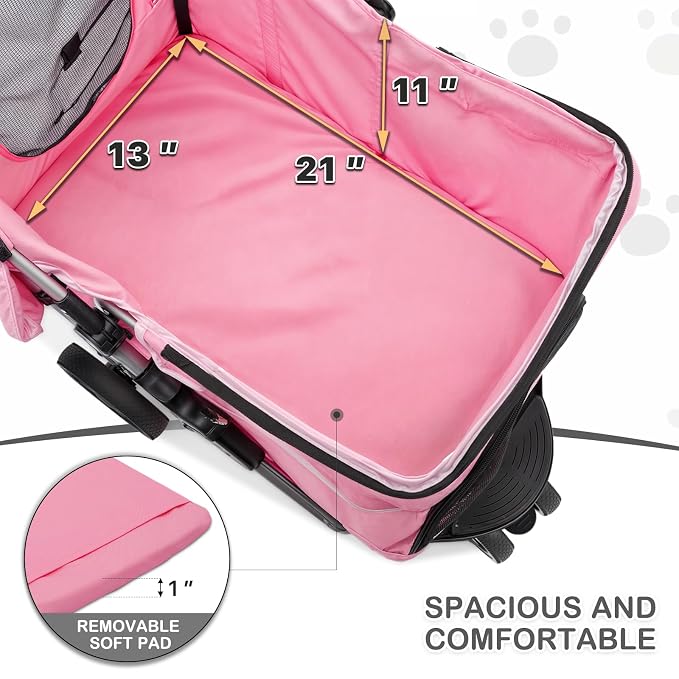MoNiBloom Pet Stroller for Small/Medium Dogs and Cats up to 33 lbs, Pink | Foldable Dog Stroller 3 Wheels Pet Strolling Cart w/ Storage Basket Cup Holder, Breathable and Visible Mesh for All-Season
