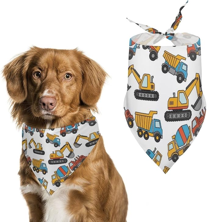 Summer Breathable Scarf for Small, Medium, Large Dogs Excavators Cars Construction Tractor and Cats, Washable Handkerchief with Adjustable Design