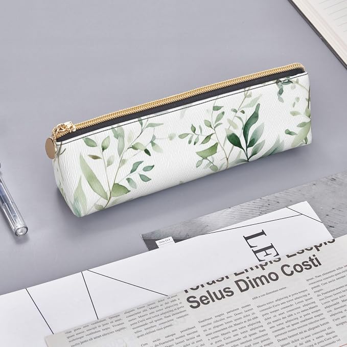 Leather Pen Case with Zipper - Aesthetic Pen Holder White Natural Greenery Twig Pencil Case for Women & Men - Handcrafted Pencil Bag Multi-Functional Travel Cosmetic Case for Work Office Tool Pouch