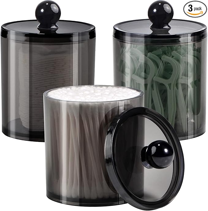 SheeChung 3 Pack Black Qtip Holder,Acrylic Apothecary Jars with Lids | Q Tip Holder with Labels,Shatterproof Bathroom Organizer Set for Cotton Swabs,Balls,Pads,Bathroom Accessories