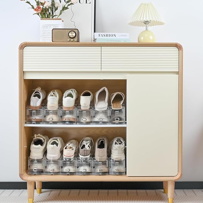 36-Pack Adjustable Shoe Slots Organizer for Closet, Clear | 36 transparent PET shoe stackers organize up to 36 pairs; 3 adjustable height levels for sneakers, heels, and flats.