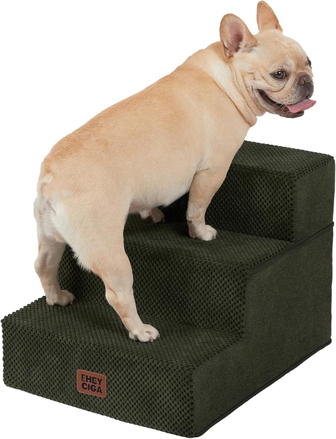 EHEYCIGA Dog Stairs for Small Dogs 13.5" H, 3-Step Extra Wide Dog Steps for Couch Sofa and Chair, Pet Steps for Medium Cats, Non-Slip Balanced Pet Ramp Indoor, Military Green