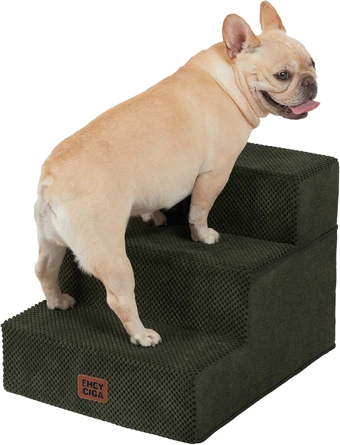 EHEYCIGA Dog Stairs for Small Dogs 13.5" H, 3-Step Dog Steps for Cats, Military Green