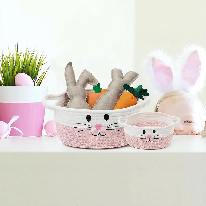 2 Pack Cat Toy Storage Baskets with Cat Design, Woven Cotton Rope Pet Toy Organizer with Handles, Foldable Baskets for Home Decor, Gift Basket for Cat Lovers, White & Pink