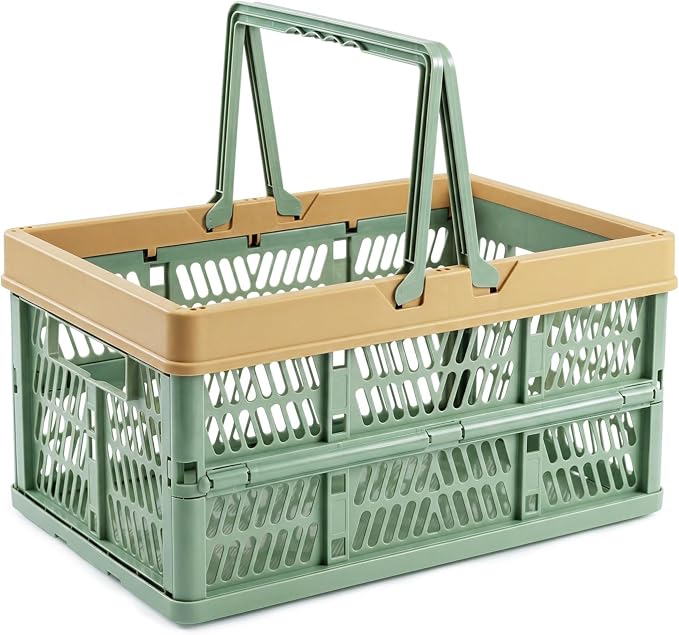 VALESKA 17inch Plastic Milk Crate,33L Collapsible Crate for Shopping and Storage, Foldable Shopping Basket with Handles,Car Trunk Basket,for Kitchen(Green)