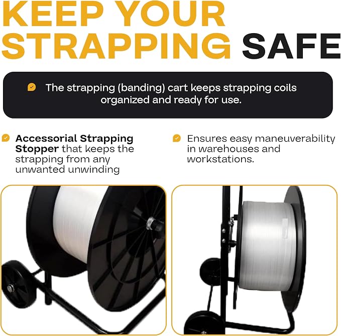 IDL Packaging Strapping Cart & Dispenser for Cord Strapping (8" x 8" Core) | CA-240HC for Composite Cord Coils - Solid Steel Tube Frame for Durability - Spacious Tray for Cutter, Buckles & Gloves