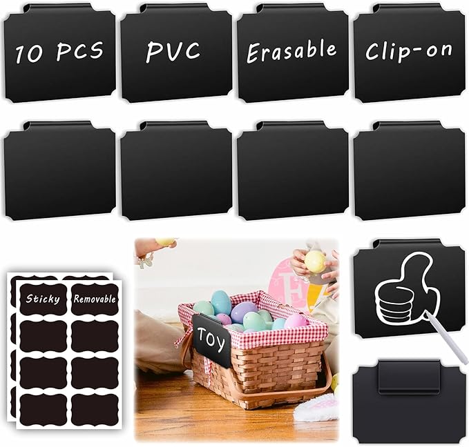 27-Piece Set of Basket Labels Clip On for Storage Bins，Erasable & Reusable | 10 Washable Plastic Kitchen Pantry Labels & 16 Removable Tag Stickers & 1 White Chalk Marker for Organization, Laundry, Jar