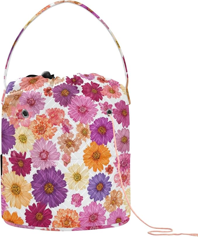 Tatenale Crochet Bag Yarn Bag Knitting Project Bag with Pockets and Handle Portable Yarn Storage Organizer Tangle Free 8.3x11 InchRed Purple Yellow Daisy06