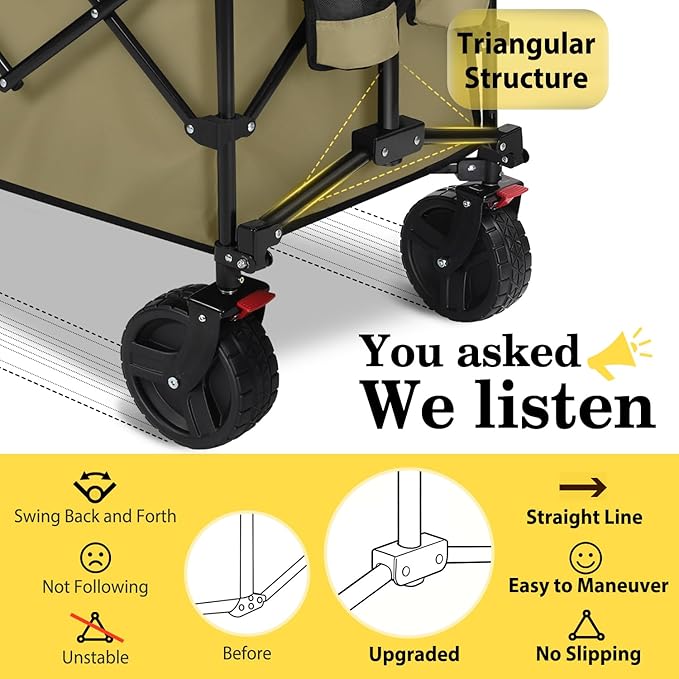 Sekey 48''L Collapsible Foldable Extended Wagon with 660lbs Weight Capacity, Heavy Duty 300L Folding Utility Garden Cart with Big All-Terrain Beach Wheels & Drink Holders. Khaki