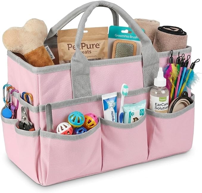 Pet Grooming Bag, Dog Grooming Organizer Tote with 10 Pockets, Dog Storage Organizer with Sturdy Handle for Grooming Supplies, Toys, Treats, Leash (Bag ONLY) (Pink)