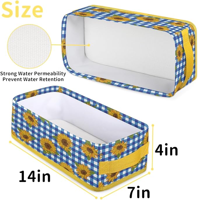 Sunflower Blue White Plaid Bathroom Storage Basket, Foldable with Handle Open Countertop Paper Towel Decorative Box, Toilet Tank Top Shelf Baskets for Home Closet Bedroom Living Room Office