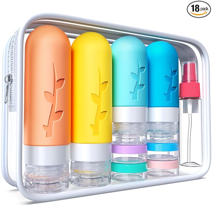 18pack Travel Bottles for Toiletries:Silicone TSA Approved-Containers for Toiletries,Leak Proof Refillable Liqus Shampoo And Conditioner Essentials toiletry Bottles | Leakproof, refillable containers for shampoo, conditioner, lotion and other liquids;t...