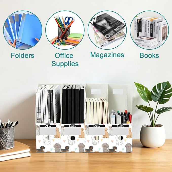 SPRIPORT Cute Pets Dogs Hearts Pattern Water Resistant PP Magazine File Holder Organizer for Desk, Foldable Storage Rack for School Office Library Document Sorter with Labels 23x30x10cm (3 Pack)