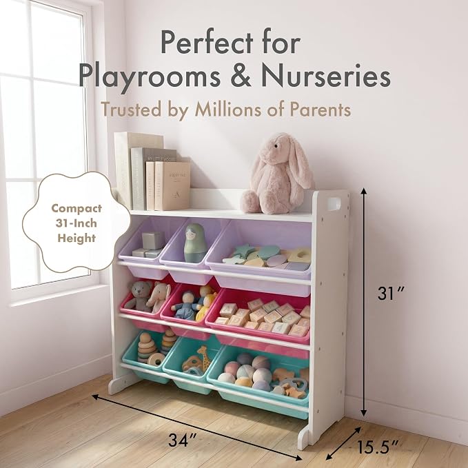 Humble Crew Kids Toy Organizer with Display Shelf, 9 Bins, 3 Tier Storage | Sturdy wood and steel toddler shelf, removable BPA-free containers, wall anchor anti-tip safety kit for bedroom or classroom