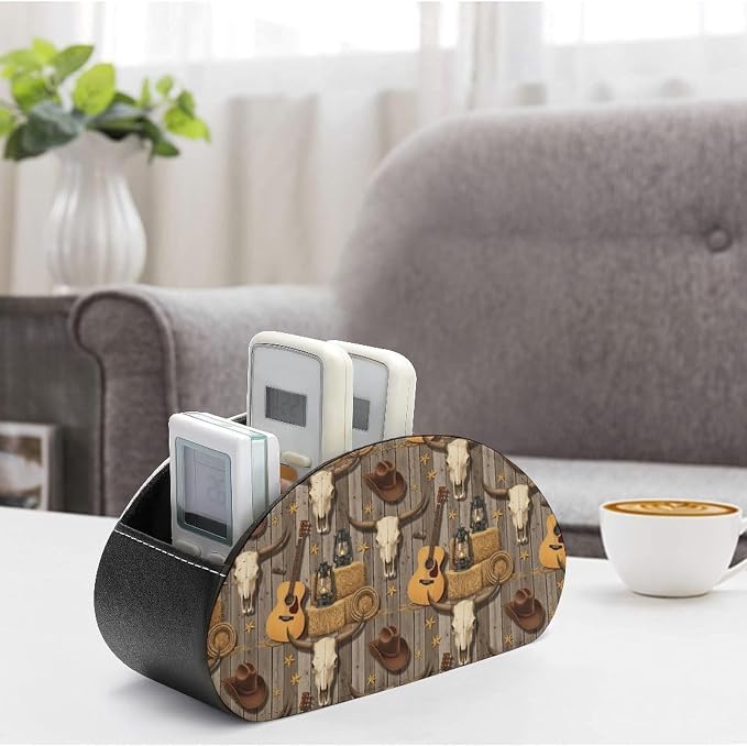 TV Remote Control Holder Cowboy Skull Cactus 5 Compartment Table Organizer | PU Leather Desktop Caddy Box, Western Skull Cowboy Cow Hat Boots Guitar Cactus, for Media Player, Stationery Accessories