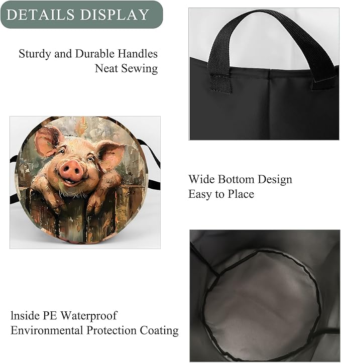 Smiling Pig Laundry Basket Hamper, Organizer Bins Gifts for Women Kids, Farm Animal Foldable Waterproof Clothes Hamper Handles Storage Bucket for Bedroom Bathroom Room Decor 19.7"x15.7"