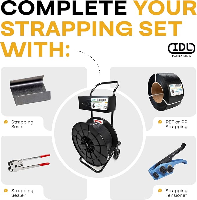 IDL Packaging Strapping Cart & Dispenser for PP Strapping (8" x 8" Core) | CA-240H for Polypropylene (PP) Coils - Durable Sturdy Tube Frame - Spacious Tray for Cutter, Buckles and Gloves
