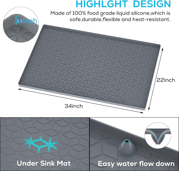 Under Sink Mats 34"x22" for Kitchen, Silicone Waterproof Liner, Sink Silicone Tray with Drain Hole, Storage and Organizers, Cabinet and Counter Protector,Litter Mat, Pet Cat Puppy Essentials