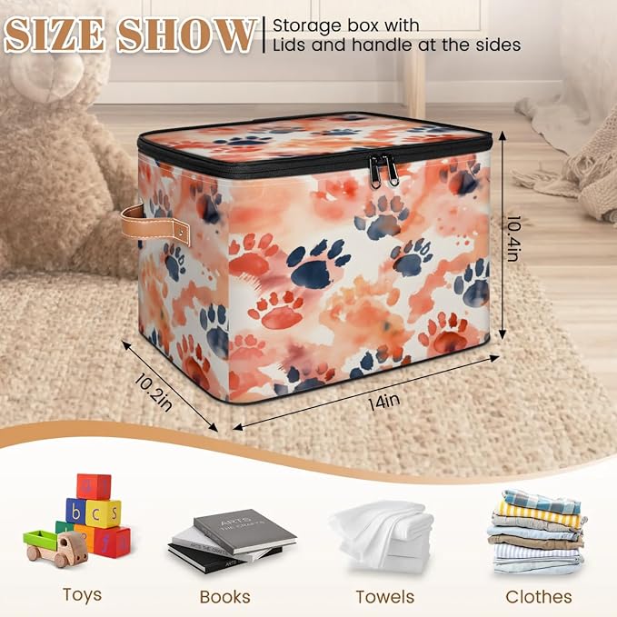 Storage Bins Animal Paw Print Storage Basket with Zipper Lid & Handle Foldable Storage Box Storage Cube Bin Clothes Organizer for Closet, Bedroom