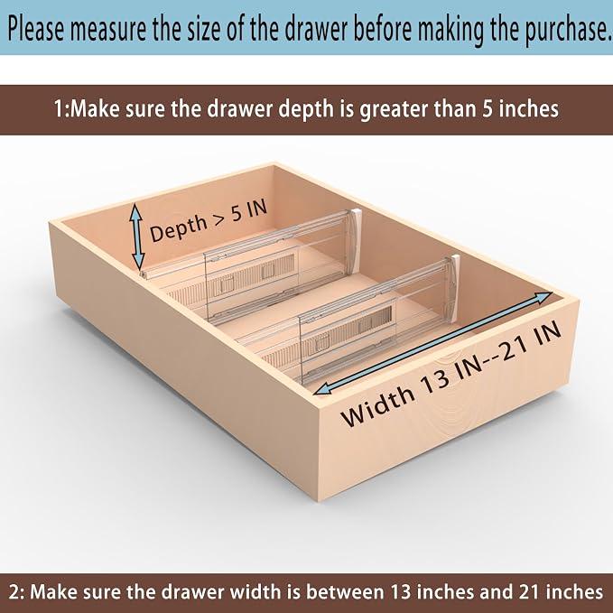 3 Pack Adjustable Heavy-Duty Drawer Dividers for Clothes,5" High Expandable From 13-21" Clear Drawer Organizers, PC Plastic Separators for Dresser/Bedroom/Bathroom/Kitchen/Office Storage