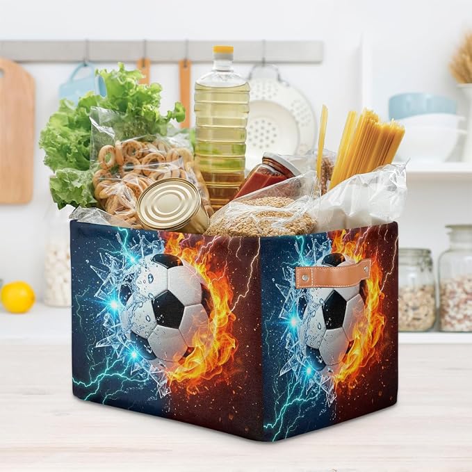 AUUXVA SEULIFE Football Soccer in Fire Water Foldable Storage Basket, Large Collapsible Organizer Storage Bin Cube Toys Storage Boxes with Handles for Bathroom Kids Nursery Closet Storage, 1 Pack