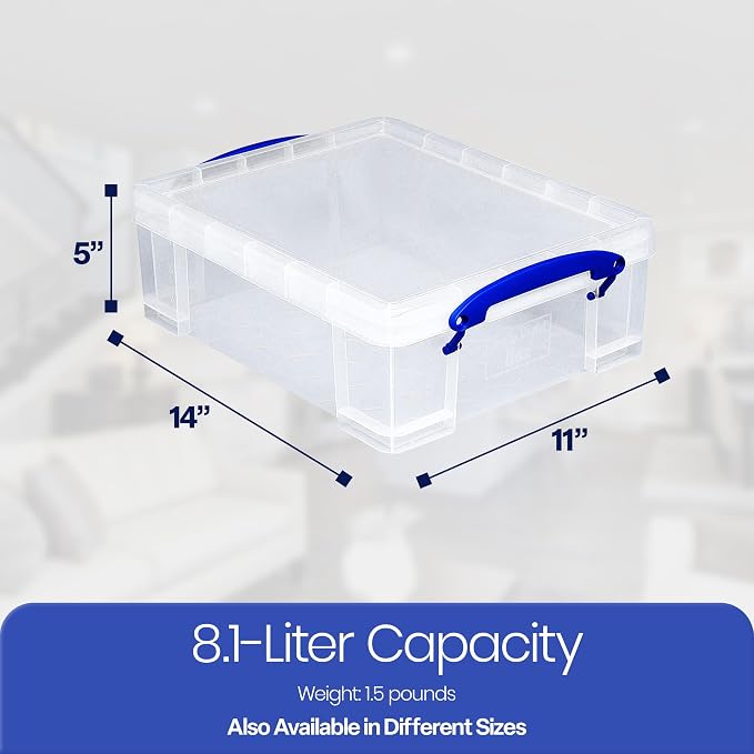 Really Useful Box Stackable 8.1L Plastic Storage Container, 10 Pack | Bin with Snap Lid & Built-In Clip Lock Handles for Home & Office Organization