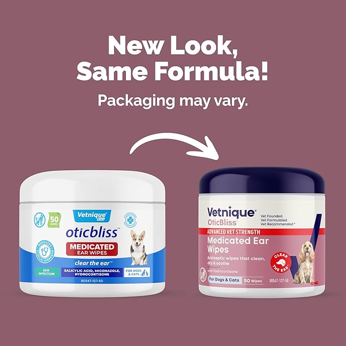 Vetnique Oticbliss Cat & Dog Ear Wipes - Dog Ear Infection Wipes or Dog Ear Cleaner Wipes for Dirty, Waxy, Smelly Ears, Odor Control with Aloe Vera & Salicylic Acid (Medicated Ear Wipes (50ct))