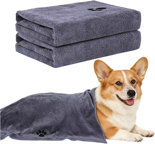 Pet Towel for Dogs and Cats, Gray, Quick-Drying Water-Absorbent Microfiber, 38x19 Inch with Paw Print Design