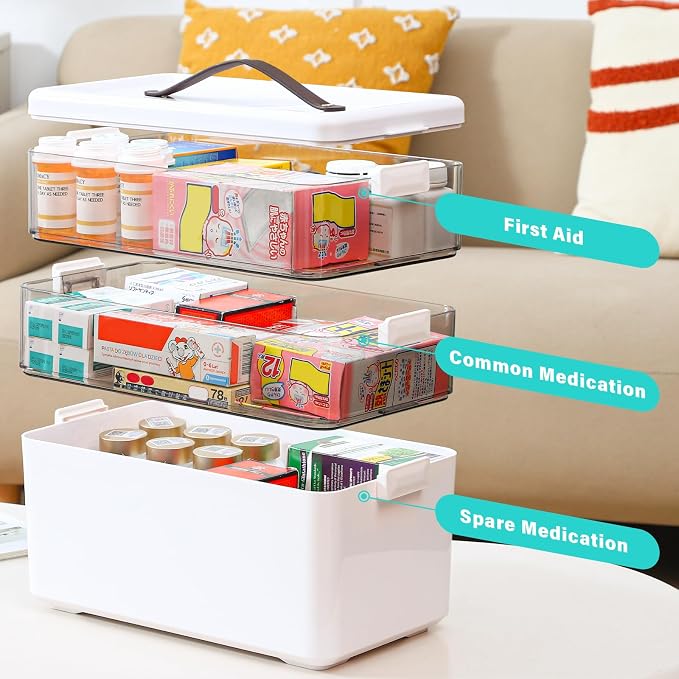 Homaigie Extra Tall 3-Tier Medicine Cabinet Organizer for Medicine Bottles Organizer, Portable Medicine Storage Box with Leather Handle, Empty First Aid Kit Container for Home, Classroom