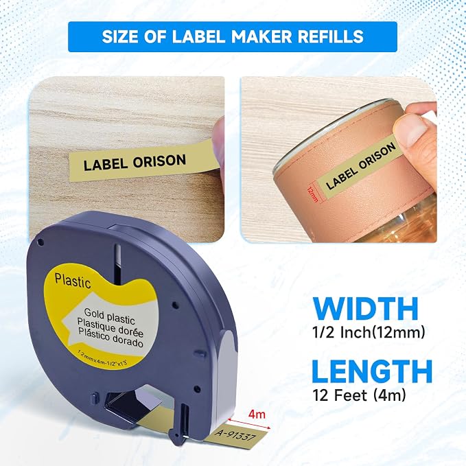 Compatible with Dymo LetraTag Refills 12mm Plastic Label Tape for DYMO Label Maker LetraTag LT100H LT100T 200B QX50, Black on Yellow/Red/Green/Blue/Gold, 1/2" x 13'(12mm x 4m), 5Pack